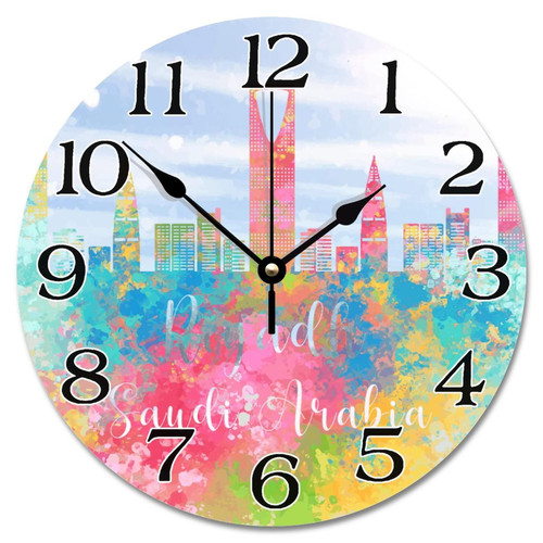 Guangpat Riyadh City Skyline Wall Clock Watercolor Saudiarabia Riyadh Cityscape 10 Inch Wooden Wall Clocks Battery Operated Travel Hanging Clock for Bedroom Living Room Farmhouse Wall Decor