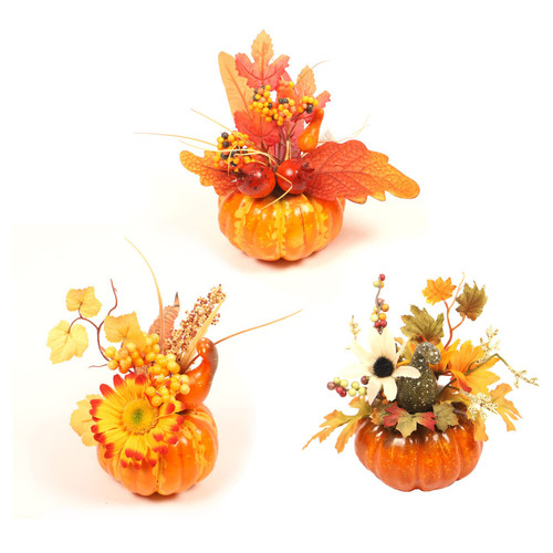 UWIOFF 3PCS Artificial Pumpkins Set, 6inch Foam Pumpkins Fake Pumpkins with Maple Leaves Berry Sunflowers Faux Pumpkins for Fall Home Decor Table Top Centerpiece Halloween Thanksgiving Decorations