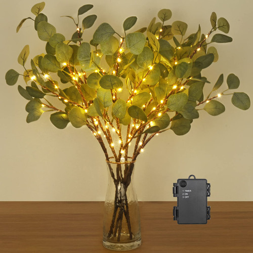 BLEUM CADE 6 Pcs Artificial Eucalyptus Stems with Lights, Tall 27" Fake Eucalyptus Bouquets, Faux Silver Dollar Eucalyptus Leaves for Vase Table Centerpieces Greenery Decor