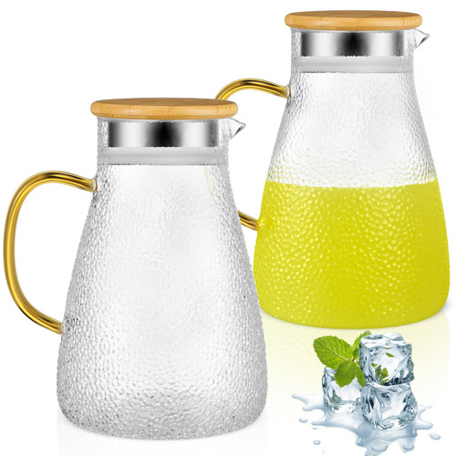 Bokon 2 Pcs Glass Pitcher with Bamboo Lid and Spout Glass Water Pitcher Wide Mouth Iced Tea Pitcher for Fridge, Beverage Pitchers, Juice Lemonade Pitcher, Glass Carafe (50 Oz)