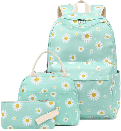 LEDAOU Backpack for Girls School Bag Kids Bookbag Teen Backpack Set Daypack with Lunch Bag and Pencil Case (White Daisy Green)