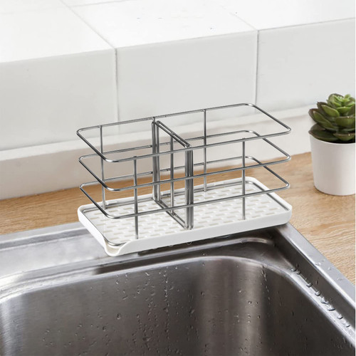 Stainless Steel Sponge Holder For Sink Kitchen Sink Organizer,Sink Tray Drainer Rack For Countertop Or Wall-Stick With Dish Drainer Keep Dry (White)