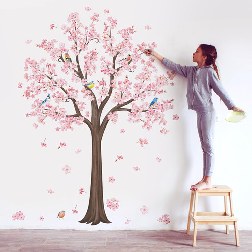decalmile Large Pink Blossom Tree Wall Decals Flower Birds Branch Wall Stickers Living Room Bedroom Baby Nursery Wall Decor?H:128cm/50 Inches?