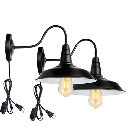 Retro Wall Sconce Lighting Gooseneck Wall Lamp Black Industrial Vintage Wall Light Fixtures Plug in Cord with On Off Switch E26 Base for Bedroom Set of 2 (Plug-in Wall lamp)
