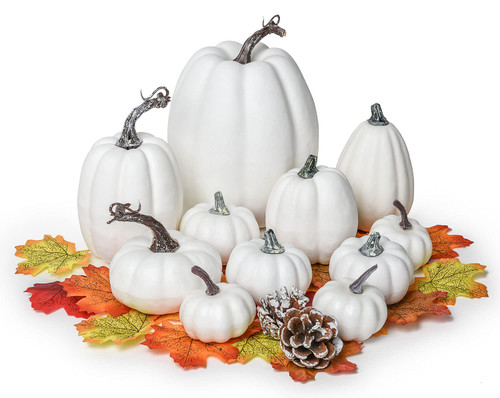 DearHouse 63Pcs Artificial Pumpkins Maple Harvest Fall Decoration,11pcs Velvet Fall Pumpkins,2pcs Pine Cone and 50pcs Maple Leaves for Autumn Thanksgiving Halloween Home Decor