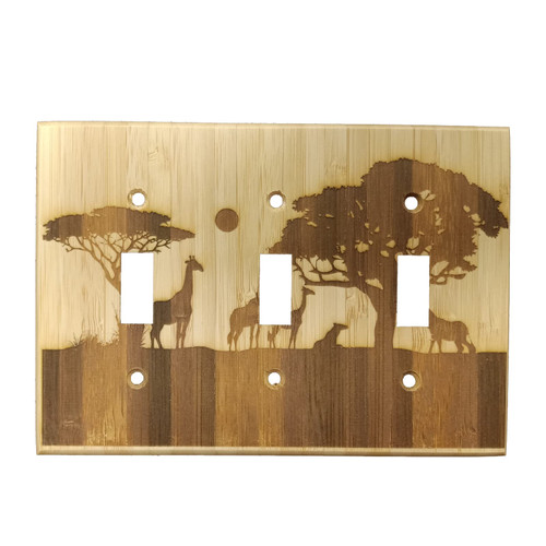 Savanna Animals Wood Light Switch Cover Plate Decorative Laser Print Bamboo Wooden Triple Toggle Wall Plate Bedroom Kitchen Home Decor 6.38" X 4.5"