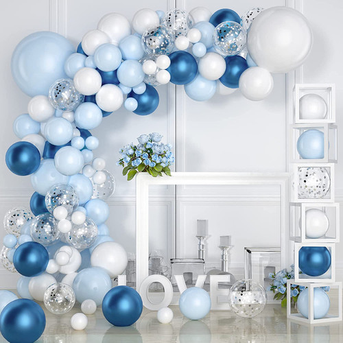 Light Blue Balloons Garland Arch Kit,110 Pcs Balloon Garland Kit Macaron Metallic Blue White and Silver Confetti Latex Balloon Arch Kit for Birthday Party Wedding Bachelorette Baby Shower