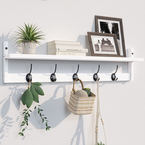 BAMEOS Wall Hooks with Shelf Entryway Wall Hanging Shelf Wood Coat Hooks for Wall with Shelf Wall-Mounted Coat Hook Rack with 5 Dual Hooks for Bathroom, Living Room, Bedroom (White-with Shelf)