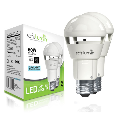 safelumin SA19-800G50 2Pack Emergency Rechargeable Light Bulbs for Home Power Failure - Works as Normal LED Light Bulb & 3Hrs Battery Backup, CE+CB 100-240V 800lm (Daylight Color E27)