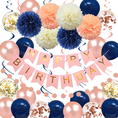 Navy Blue Rose Gold Birthday Decorations for 1st 16th 18th 21th 25th 30th 35th 40th 50th 60th 70th Birthday, Happy Birthday Banner, Navy Blue Rose Gold Birthday Party Supplies