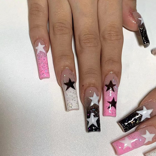 Pikabows Press On Nails Long Coffin Star Pink Black Gradient Ballerina Glitter Glossy Fake Nails Acrylic False Nail Tips Kit Glue on Nails for Women 24PCS