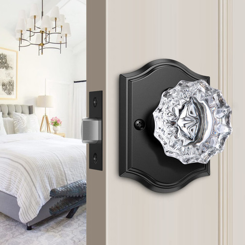 Brightify Glass Door Knobs Interior, Crystal Door Knobs with Lock, Vintage Privacy Crystal Door Knobs for Bedroom Bathroom, Matte Black