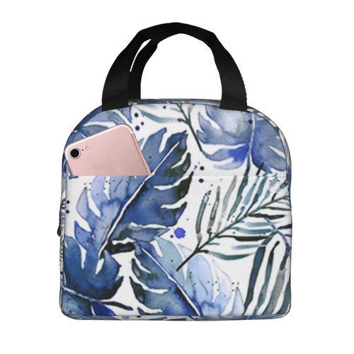 Reusable Lunch Tote Bag Tropical Palm In Indigo Insulated Lunch Bag Durable Cooler Lunch Box