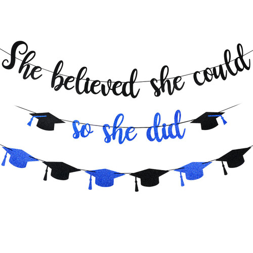 She Believed She Could So She Did Banner Blue and Black She Did It Graduation Decorations 2023 Graduation Banner for Girls College Graduation Party Decorations 2023 Blue and Black