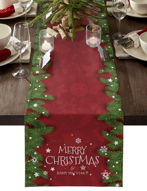 Christmas Table Runner 36 inches Long for Table Decoration Merry Xmas Snowflakes and Pine Red Coffee Table Runner for Kitchen/Dining/Living Room Runners for Party Home Decor 13x36in