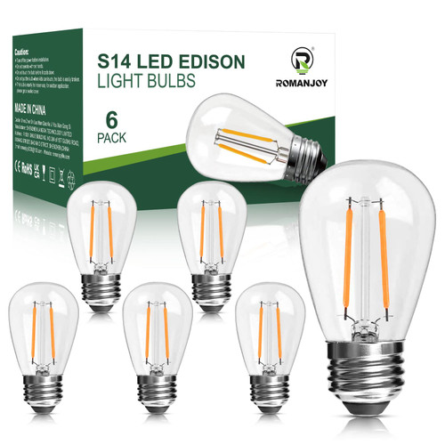 ROMANJOY S14 LED Replacement Light Bulbs, E26 Medium Base Edison Bulbs 2W Equivalent to 20 Watt, 2200K Warm White LED Bulbs for Outdoor Patio Garden Vintage String Lights, 6 Pack