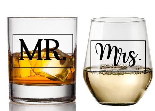 COOL AF Mr and Mrs Whiskey and Wine Glass Gift Set - Wedding Gift Glass Set For Bride and Groom - Engagement Gift for Couples and Newlyweds - Husband and Wife