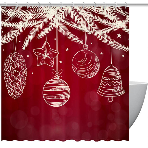 Shower Curtain, Red Christmas White Decotation Bathroom Curtain, Bathroom Shower Curtain with Hooks, Kids Bathroom Decor 72 Inch