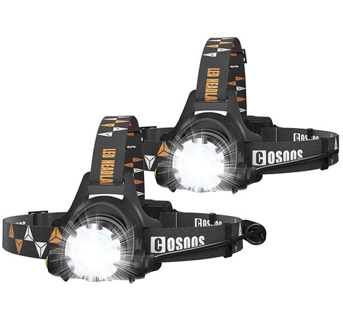 COSOOS 2 Rechargeable Headlamps, Bright LED Headlamp Flashlight, 1000 Lumen, Zoomable, 4-Mode Tactical Headlight, Waterproof Headlamp for Adults, Hardhat, Outdoor Hiking, Camping Essentials