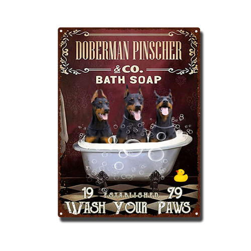 YNRBGDFR Vintage Doberman Pinscher Metal Tin Sign,Bath Soap Wash Your Paws,Retro Wall Art Decor for Home Bathroom Cafe-12x16inch-Tin Sign