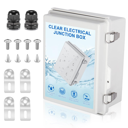Electrical Junction Box,IP67 Waterproof Electrical Enclosure,Electrical Boxes with ABS Hinged Cover with Mounting Plate,Wall Brackets,Cable Glands(11"x7.5"x5.5"?