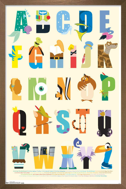Trends International Disney Characters as the Alphabet Wall Poster, 22.375" x 34", Bronze Framed Version