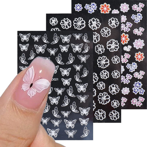 Butterfly Nail Art Stickers, 3 Sheets, 5D Embossed Flowers Nail Decals Spring Nail Decoration Colorful Floral Foils Self Adhesive Stickers for Nails Butterflies Nail Designs Nail Stickers for Women