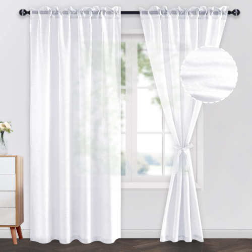 JIUZHEN White Sheer Curtains 96 Inches Long, Rod Pocket & Back Tab Semi Transparent Light Filtering Window Voile Curtains for Living Room/Bedroom, Set of 2 Panels with Tiebacks, W52 x L96