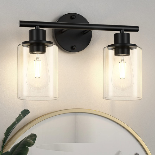 Licperron 2-Light Bathroom Vanity Light Fixtures, Modern Black Bathroom Vanity Lights Over Mirror with Clear Glass Shade, Industrial Wall Mounted Sconces Lighting for Bedroom Hallway Licperron 2-Light Bathroom Vanity Light Fixtures, Modern Black Bathroom Vanity Lights Over Mirror with Clear Glass Shade, Industrial Wall Mounted Sconces Lighting for Bedroom Hallway