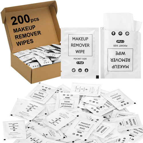 200 Pieces Bulk Makeup Remover Wipes Individually Wrapped Face Cleansing Wipes Towelette Makeup Remover Cloth Makeup Remover Pads for Face Cleansing Skin Care Remove Makeup (White)