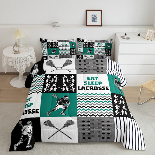 Lacrosse Comforter Set Twin,Grey Blue Eat Sleep Lacrosse Bedding Set for Kids Boys Girls,Lacrosse Player Duvet Insert Bedroom Decor,Sports Game Buffalo Plaid Quilt Comforter with 1 Pillowcase