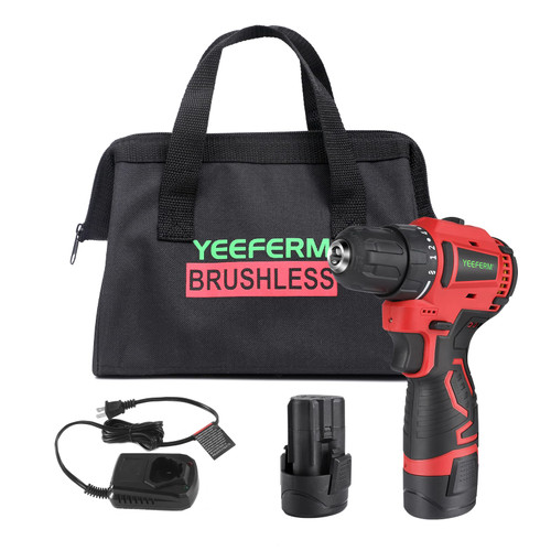 Small Cordless Drill - YEEFERM 12V Brushless Power Driver with 2 Batteries and Charger - Electric Drill 350In-lbs Torque,3/8" Keyless Chuck,2 Variable Speed,Lightweight for Drilling Wood Walls Metal