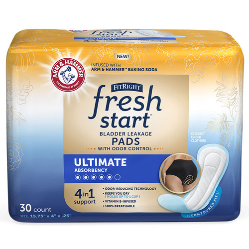 FitRight Fresh Start Postpartum and Incontinence Pads for Women, Ultimate Absorbency (30 Count) Bladder Leakage Pads with The Odor-Control Power of ARM & Hammer (30 Count, Pack of 1)
