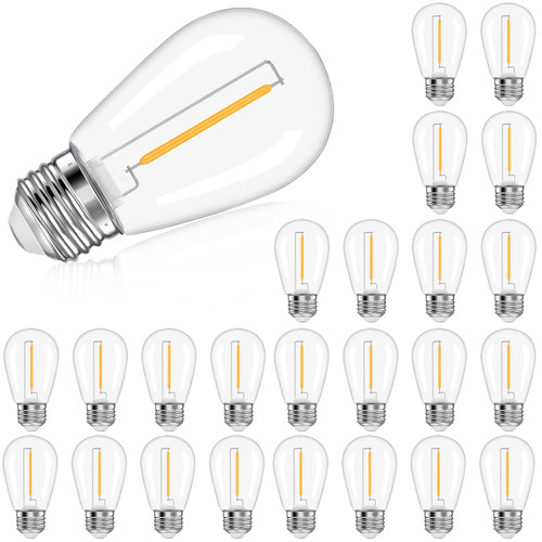 25 Pack S14 LED Replacement Bulbs for String Lights- 2 Watts Warm White Edison Light Bulbs E26 Candelabra Screw Base Clear Plastic Bulbs for Commercial Grade Outdoor Patio Garden Vintage String Lights
