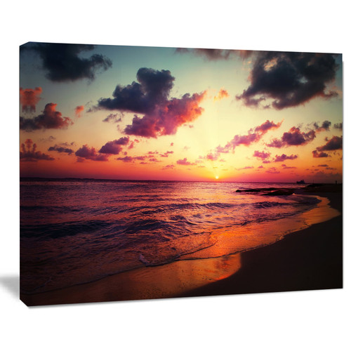 Designart Sea Sunset Landscape View Canvas Wall Art, 12" H x 20" W x 1" D 1P, Red