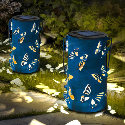 Solar Lanterns Outdoor Hanging Waterproof 2 Pack Butterfly Solar Powered Garden Lantern,Hollowed-Out Metal Lantern Outdoor Decorative Lights for Yard, Lawn Porch Pathway, Landscape,Warm White