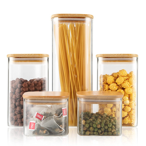 Food Storage Jars, (Square) Jars Set of 5-Glass Storage Containers Clear Glass Food Canister with Bamboo Lid Airtight For Serving Tea, Coffee, Flour, Sugar, Candy, Cookie, Spice and More