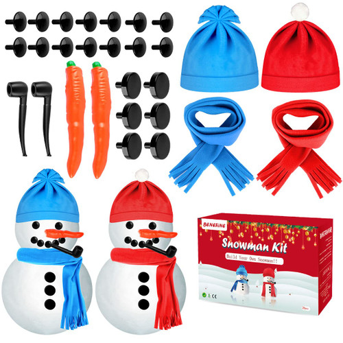 BeneFine 28 Pcs Snowman Decorating Kit,Snowman Dressing Making Kit Christmas Snowman Building Ornaments for Kids Family Outdoor Games?Blue and Red Snowman?