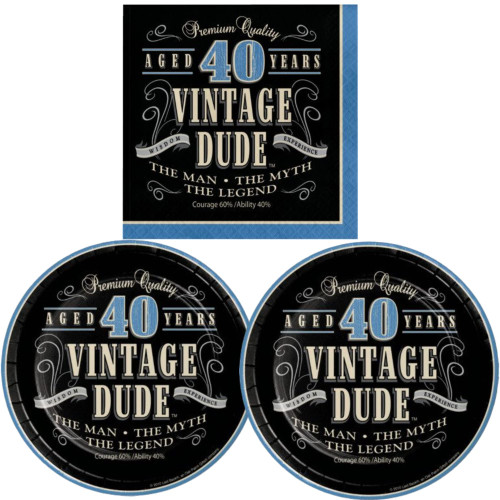 Party Creations Vintage Dude 40th Birthday Dessert Party Supplies | Dessert Plates and Lunch Napkins for 16 People | Old Man 40th Milestone Birthday Tableware Decor Bundle, Blue & Black