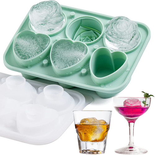 3 Rose & 3 Heart Shaped Ice Cube Tray, MEETRUE Silicone Ice Cube Tray with Clear Funnel-type Lid Novelty Rose Ice Cube Mold Ice Ball Maker Mold Ice Tray for Cocktails Whiskey Chilled Drinks,Green