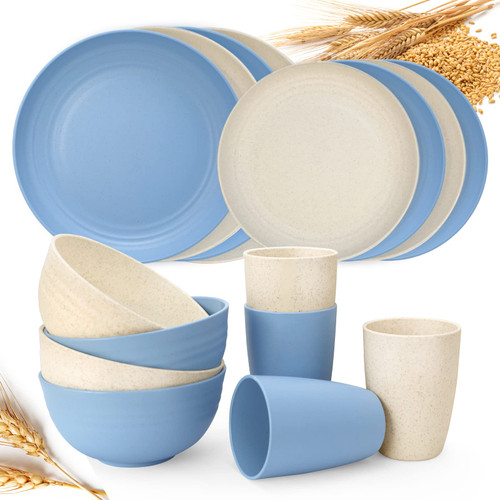 Wheat Straw Dinnerware Sets for 4,Dhnvcud 16pcs Unbreakable,Lightweight & Reusable Dinnerware Set,Plates, Bowls, Cups,Service for 4,Microwave Dishwasher Safe Dishes Sets for Kitchen,Camping,RV