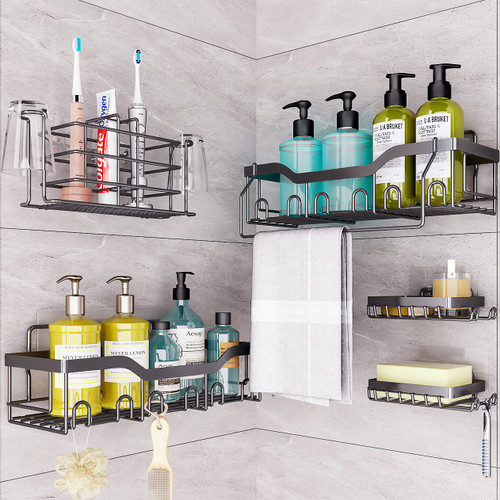 Doiueioa Shower Caddy 6 Pack Shower Organizer, Shower Shelves, Adhesive Large Shower Shelf for Inside Shower Rack No Drilling Rustproof Bathroom Organizer, Black