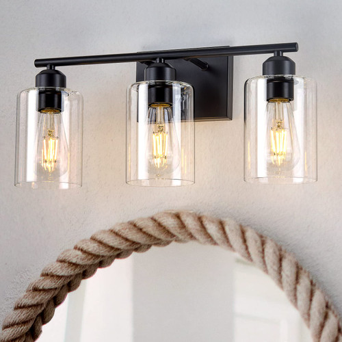 Bathroom Vanity Light Fixtures, 3-Light Black Bathroom Lights over Mirror Modern Wall Sconces Lighting, Matte Black Bathroom Wall Lights with Clear Glass Shade for Mirror, Hallway, Powder Room Bathroom Vanity Light Fixtures, 3-Light Black Bathroom Lights over Mirror Modern Wall Sconces Lighting, Matte Black Bathroom Wall Lights with Clear Glass Shade for Mirror, Hallway, Powder Room