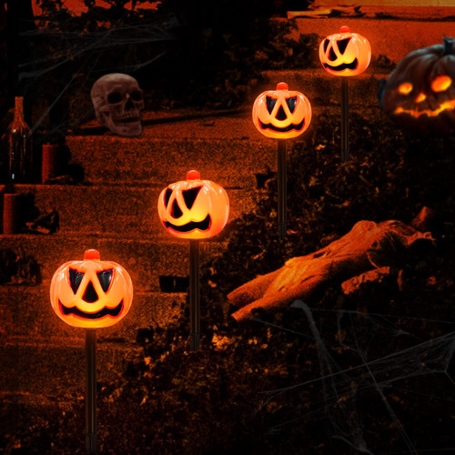 4 Pack Halloween Pumpkin Pathway Lights, Orange Stake Lights Halloween Outdoor Decorations, Timer Waterproof & Battery Operated 3D LED Pumpkin Halloween Decor for Yard Porch Lawn Pathway Garden