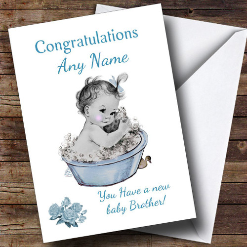 Cute Vintage Blue Baby Boy Brother Personalized Sibling Greetings Greetings Card