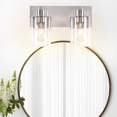 Chosenior Bathroom Light Fixtures, 2-Light Brushed Nickel Bathroom Vanity Light, Modern Wall Sconces with Clear Glass Shade for Hallway Kitchen Foyer