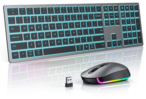 Wireless Keyboard Mouse Backlit, seenda Full Size Rechargeable Keyboard & Mouse Set, 7-Color Quiet Lighted Keys, RGB LED Wireless Mouse for PC, Mac, Chormebook, Windows Computer Laptop