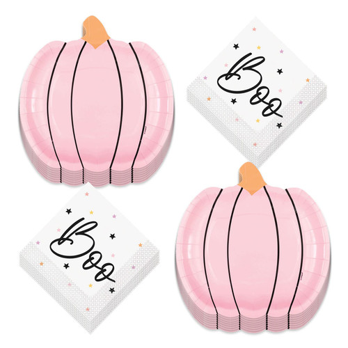 HOME & HOOPLA Posh Halloween Party Pumpkin Shaped Paper Dinner Plates and Boo Lunch Napkins (Serves 16)