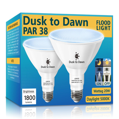 LOXYEE 2 Pack LED PAR38 Dusk to Dawn Flood Light Bulbs Outdoor ?20W(200W Equivalent) E26 Base Flood Light Bulbs,5000K Daylight 1800 Lumens LED Flood Light for Outdoor Garden,Garage,Yards LOXYEE 2 Pack LED PAR38 Dusk to Dawn Flood Light Bulbs Outdoor ?20W(200W Equivalent) E26 Base Flood Light Bulbs,5000K Daylight 1800 Lumens LED Flood Light for Outdoor Garden,Garage,Yards
