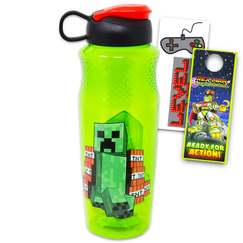 Minecraft Water Bottle for Boys - Bundle with 30oz Minecraft Refillable Bottle for Boys School Supplies, Sports, and More with Stickers and Door Hanger | Minecraft Water Bottle for Boys 8-12